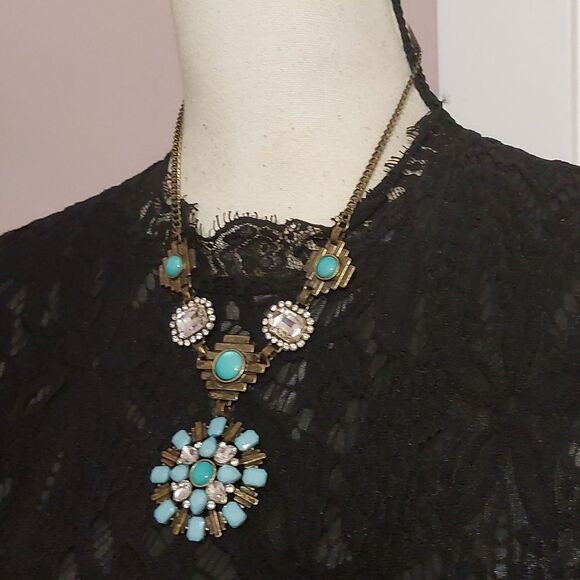 Faux Turquoise Rhinestones and Brass Tone Mixed Media Boho Statement Necklace - Picture 3 of 7